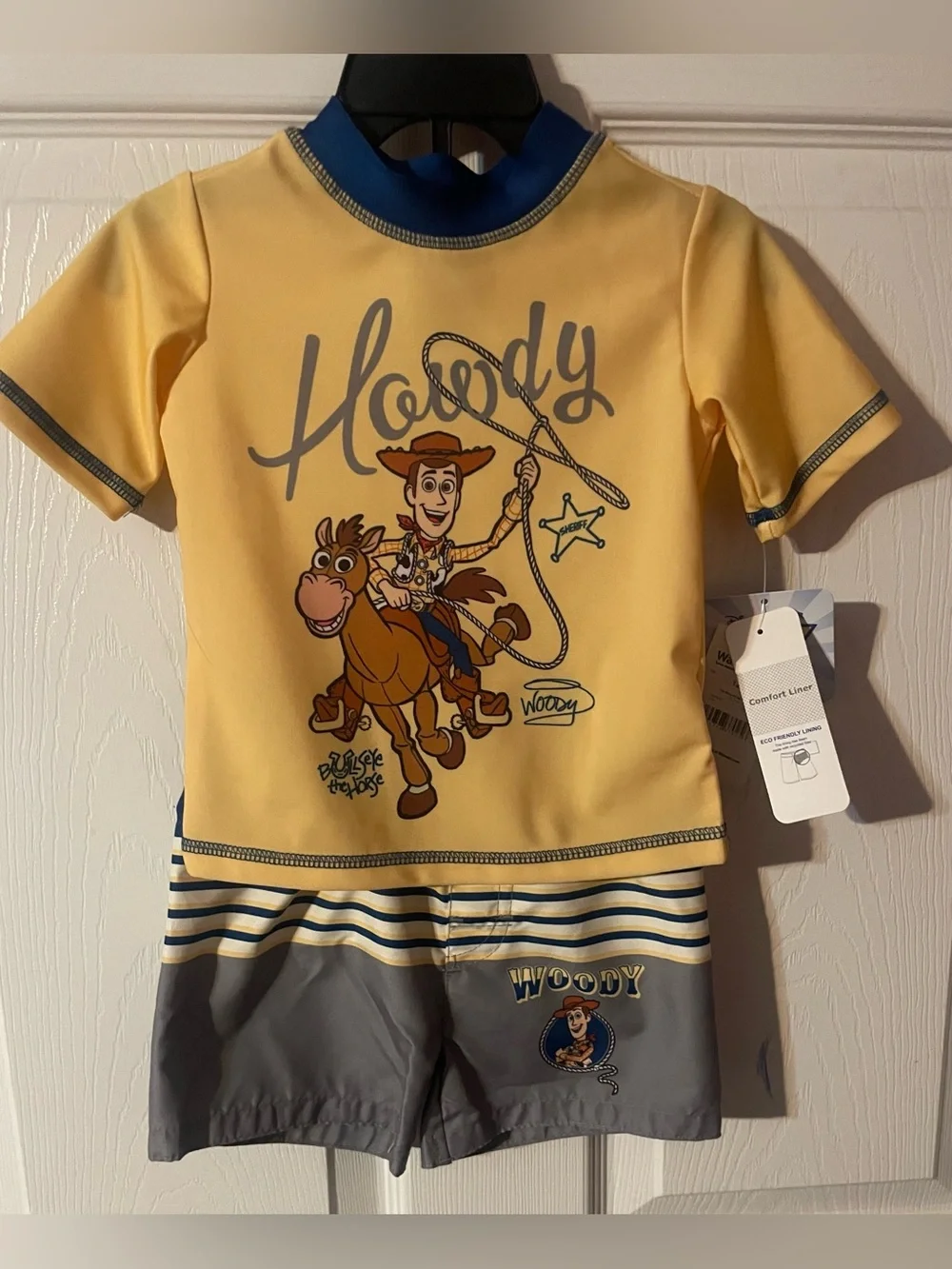 NWT Disney Pixar Toy Story Woody 2-Piece Rash Guard Swim Set Boys 12M UPF 50+